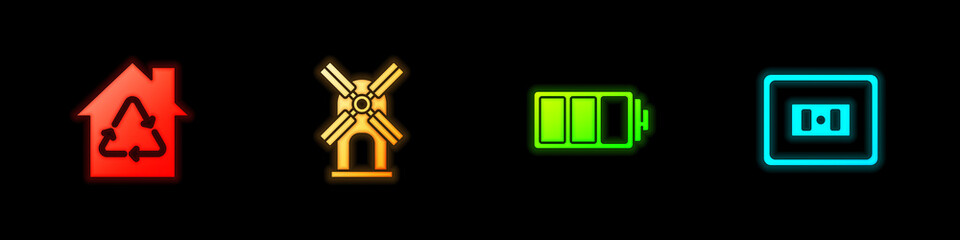 Set Eco House with recycling, Wind turbine, Battery and Electrical outlet icon. Vector
