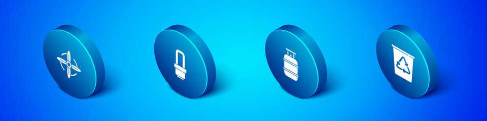 Set Isometric Wind turbine, Propane gas tank, Recycle with recycle and LED light bulb icon. Vector