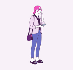 A girl is standing with a mobile phone.hand drawn style vector design illustrations. 
