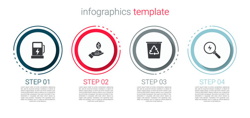 Set Electric car charging station, Plant hand, Recycle bin with recycle and Lightning bolt. Business infographic template. Vector