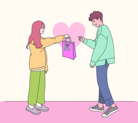 The woman is giving a gift to the man. hand drawn style vector design illustrations. 