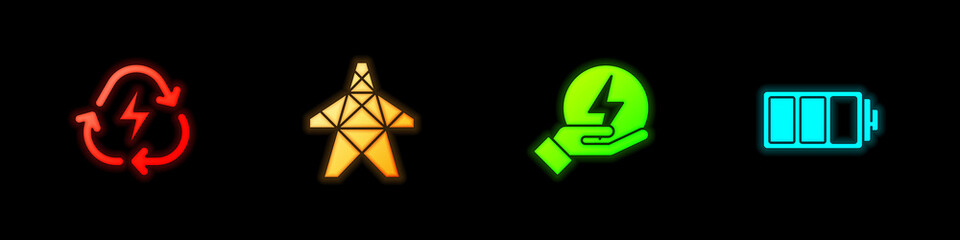 Set Battery with recycle, Electric tower, Lightning bolt and icon. Vector