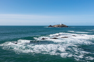 Aerial photograph of Godrevy, Cornwall on a stunning sunny day