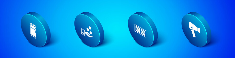 Set Isometric Refrigerator, Electrical outlet, Hair dryer and Paying tips icon. Vector