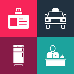 Set pop art Hotel reception desk, Refrigerator, Taxi car and Identification badge icon. Vector