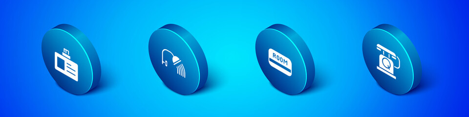 Set Isometric Identification badge, Hotel key card, Telephone handset and Shower head icon. Vector