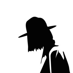 Vintage girl silhouette with shor hair and hat. Simple female torso. Fashion abstract minimalistic sketch in black spots. Great for postcards, textiles, logo, icon. - 422920158