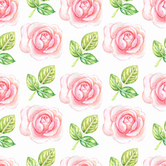 Seamless floral pattern with pink roses, green leaves on white background, watercolor. Template design for textiles, interior, clothes, wallpaper, wrappers,napkins,decoupage