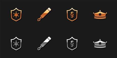Set Police badge, Fountain pen nib, Justice law shield and cap with cockade icon. Vector