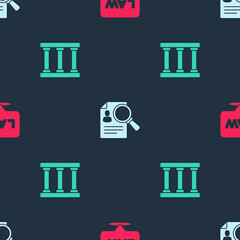 Set Location law, Paper analysis magnifying and Prison window on seamless pattern. Vector