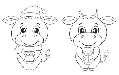 Cute bull’s drawn in cartoon style isolated on a white background. illustration for children coloring page. Print for clothes, label, patch, sticker, card. Christmas, New Year. symbol of the year 2021