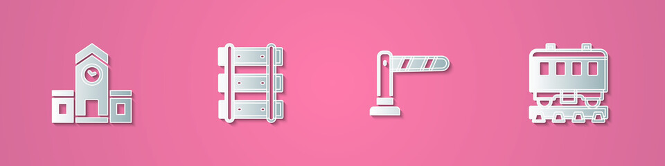 Set paper cut Railway station, Railway, railroad track, barrier and Passenger train cars icon. Paper art style. Vector
