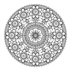 Circular pattern in the form of mandala with flower for henna, mehndi, tattoo, decoration. decorative ornament in ethnic oriental style. coloring book page.