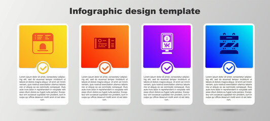 Set Ticket office to buy tickets, Train, Information stand and End railway tracks. Business infographic template. Vector