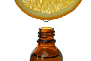 Orange with drop of juice over the bottle isolated on white background