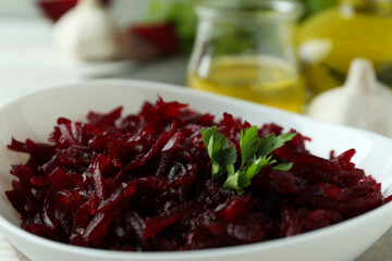 Concept of tasty eating with beet salad, close up
