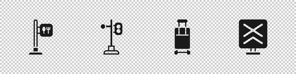 Set Cafe and restaurant location, Train traffic light, Suitcase and Railroad crossing icon. Vector