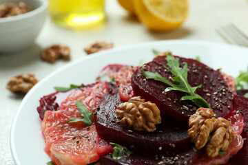 Concept of tasty eating with beet salad, close up