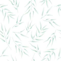 Naklejka na ściany i meble Floral seamless hand drawn pattern. Twigs with leaves drawn in pencil. green twigs on a white background