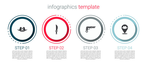 Set Pirate hat, sword, Vintage pistols and Location pirate. Business infographic template. Vector
