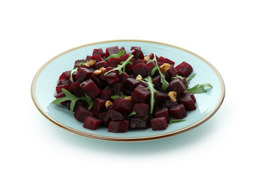 Plate with fresh beet salad isolated on white background