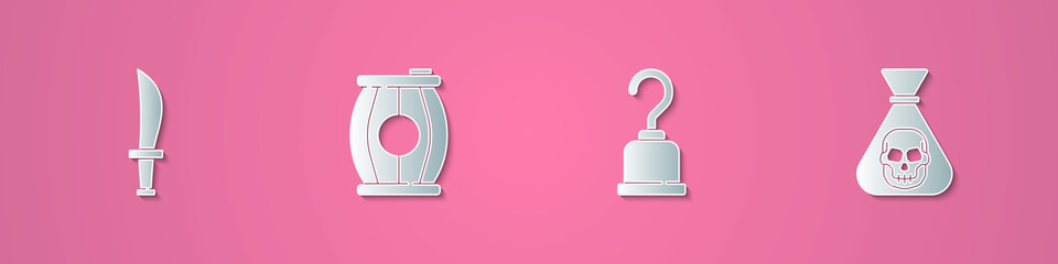 Set paper cut Pirate sword, Gun powder barrel, hook and coin icon. Paper art style. Vector