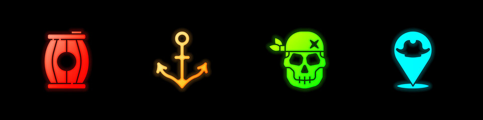 Set Gun powder barrel, Anchor, Skull and Location pirate icon. Vector