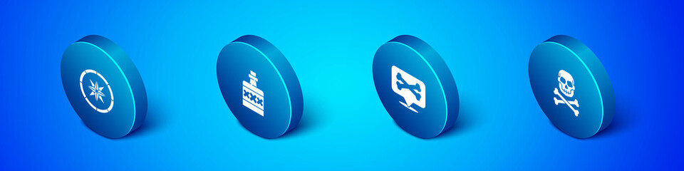 Set Isometric Compass, Location pirate, Skull crossbones and Alcohol drink Rum icon. Vector