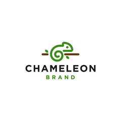 Simple line green chameleon on a tree branch logo icon design vector in trendy minimal outline style, abstract outline symbol © Ramosh Artworks