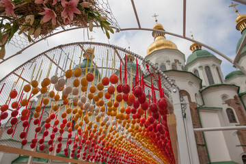 Decorative Easter eggs on the background of St. Sophia Cathedral in Kiev