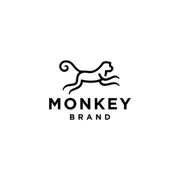 Simple line jumping monkey ape logo icon design vector in trendy minimal outline style, abstract outline symbol