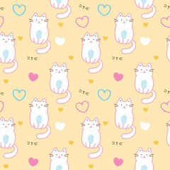 Seamless Pattern with Cartoon Cat and Heart Illustration Design on Light Yellow Background