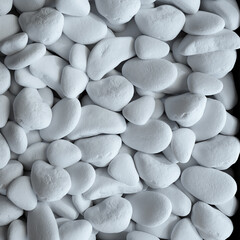 Scattered white smooth stones, textured stone background for product presentation. 3d rendering