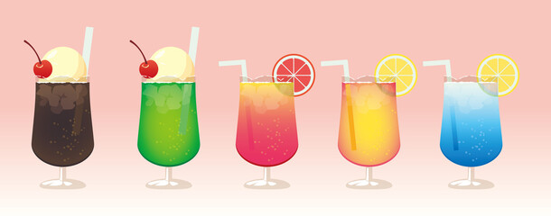 クリームソーダ・コーラフロート・トロピカルドリンクのイラストセット