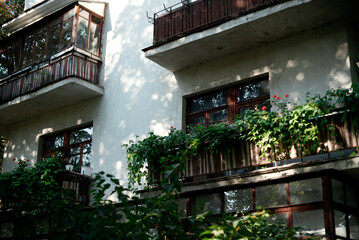 Fototapeta na wymiar Sun beams on the facade of a house with a home garden