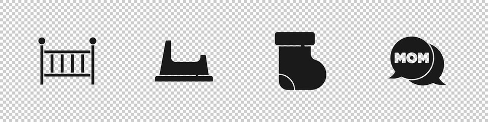 Set Baby crib cradle, potty, socks clothes and Speech bubble mom icon. Vector