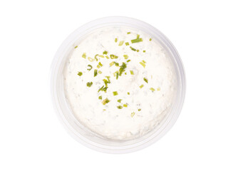 Plastic bowl of tasty cream cheese on white background