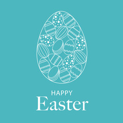 Easter card. Vector illustration of Happy Easter holiday with eggs and ornaments on a turquoise background. Beautiful white font.