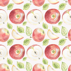 Apple juicy fruit seamless pattern. Design for wallpaper, textile, café, restaurant, packaging.