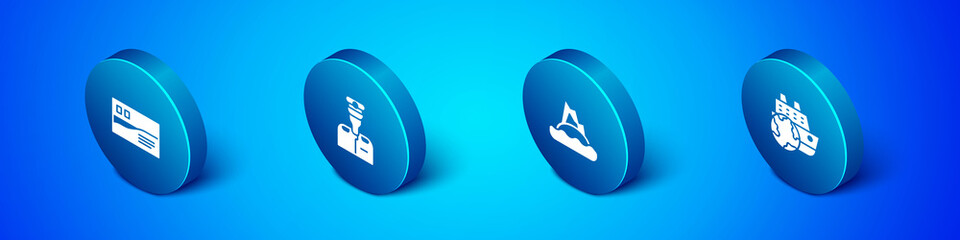 Set Isometric Postcard travel, Tropical island in ocean, Cruise ship and Captain of icon. Vector