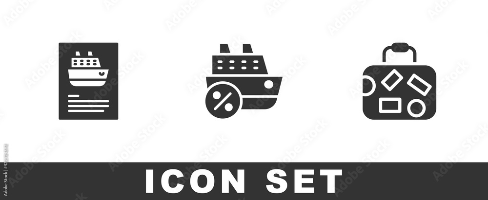 Sticker Set Cruise ship, and Suitcase icon. Vector