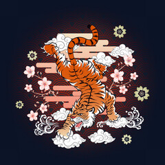 Abstract Art Tiger Flying Down with Sakura Flowers Surrounded on Horizontal Gradient Cloud with Water Splash and Curvy Cloud on Gradient Red Black Background Vector Design Template for Wrapping Paper