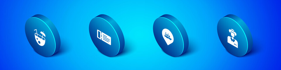 Set Isometric Coconut cocktail, Location with cruise ship, Tourist and Cruise ticket icon. Vector