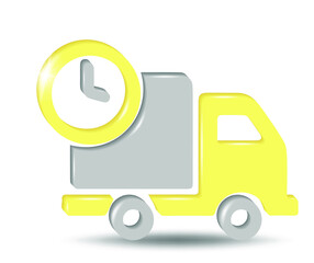 Car delivery icon, delivery symbol, fast logistic lorry with clock. 3d vector in yellow and gray colors isolated on white background.