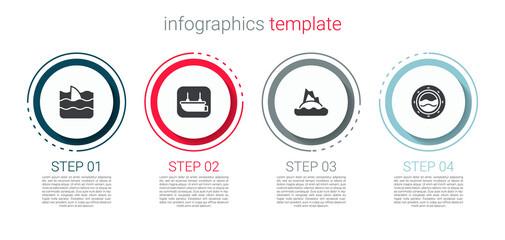 Set Shark fin in ocean wave, Lifeboat, Tropical island and Ship porthole with seascape. Business infographic template. Vector