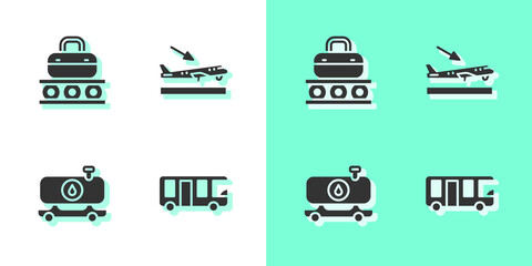 Set Airport bus, Conveyor belt with suitcase, Fuel tanker truck and Plane landing icon. Vector