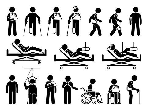 Orthopedics medical products support for pain and body injury due to accident. Icons are hospital bed, plaster cast, broken arm cast sling, backache belt, knee guard protector, wheelchair, and splint.