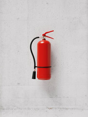 Red fire extinguisher isolated on a concrete wall of a building, minimal protection concept, fire protection, template or source, 3d rendering - obrazy, fototapety, plakaty