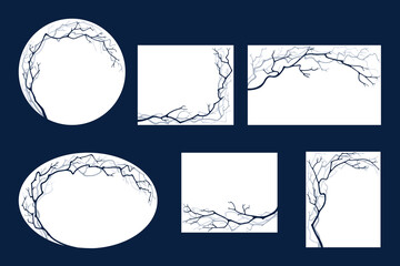 Silhouettes of tree branches. Set of templates for invitations and cards with place for text. Rectangular, oval and round. Monochrome drawing on an isolated white background.