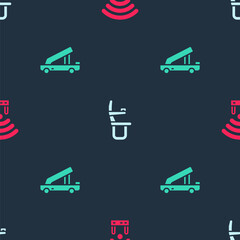 Set Router and wi-fi signal, Airplane seat and Passenger ladder on seamless pattern. Vector